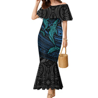 Polynesian Whale Family Matching Mermaid Dress and Hawaiian Shirt TS04 Mom's Dress Black/Cyan - Polynesian Pride