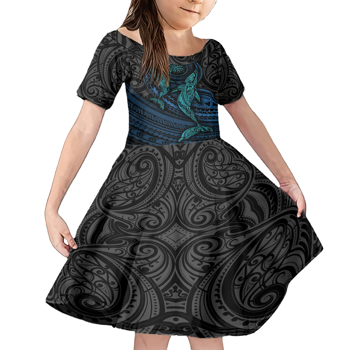 Polynesian Whale Family Matching Short Sleeve Bodycon Dress and Hawaiian Shirt TS04 Daughter's Dress Black Cyan - Polynesian Pride