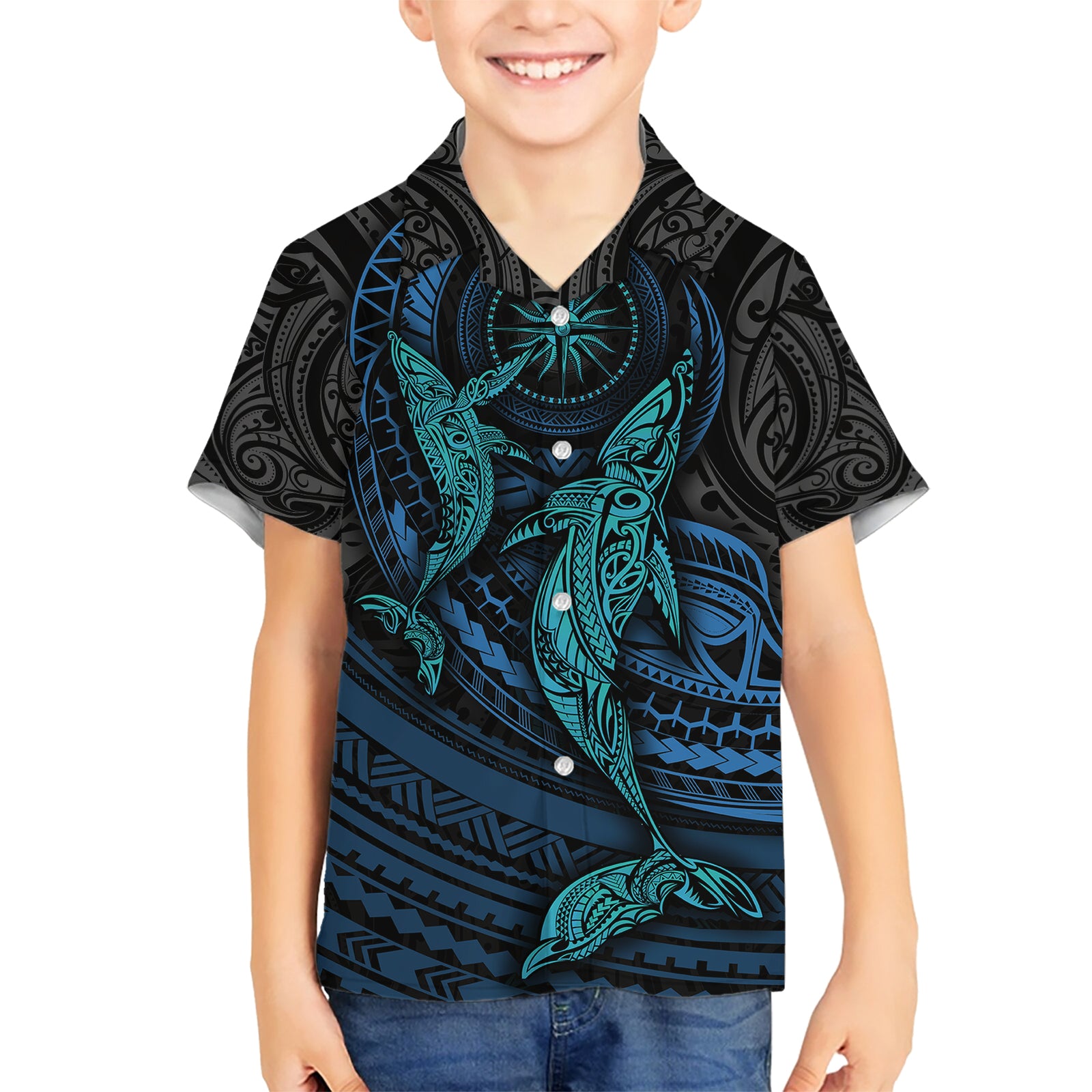 Polynesian Whale Kid Hawaiian Shirt TS04 Kid Black Cyan - Polynesian Pride