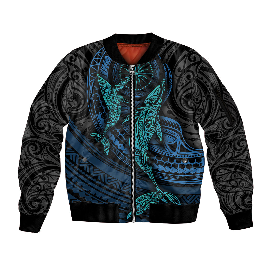 Polynesian Whale Sleeve Zip Bomber Jacket TS04 Unisex Black Cyan - Polynesian Pride