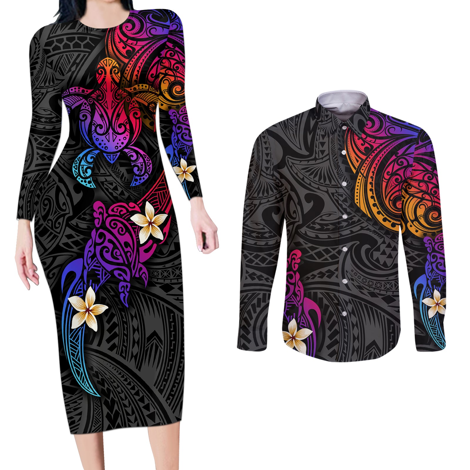 Turtle and Plumeria - Polynesian Couples Matching Long Sleeve Bodycon Dress and Long Sleeve Button Shirts TS04 Gradient - Polynesian Pride