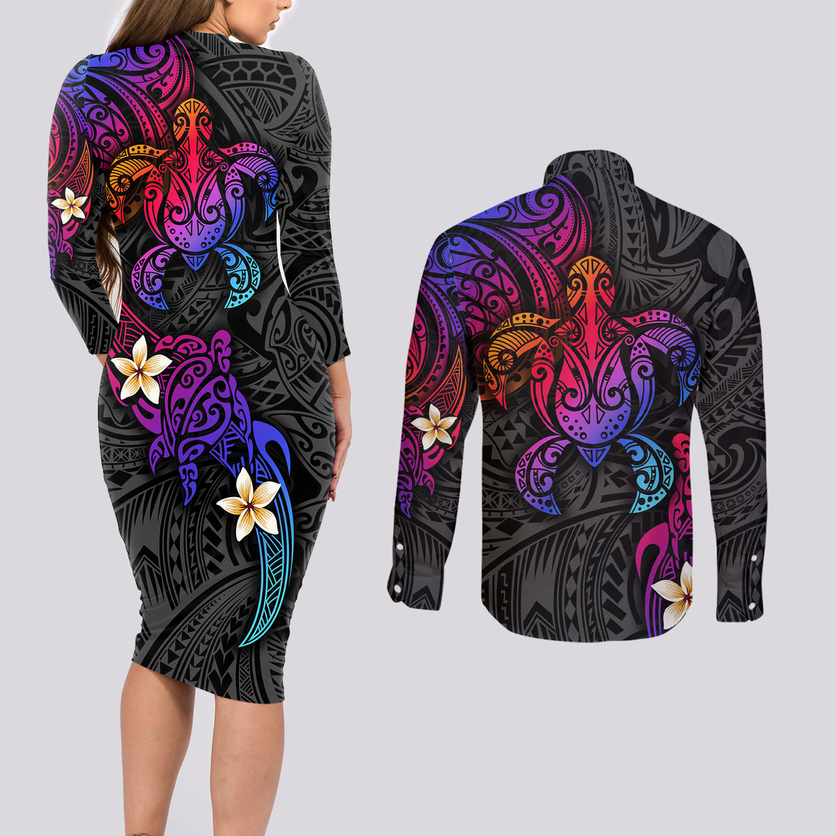 Turtle and Plumeria - Polynesian Couples Matching Long Sleeve Bodycon Dress and Long Sleeve Button Shirts TS04 - Polynesian Pride