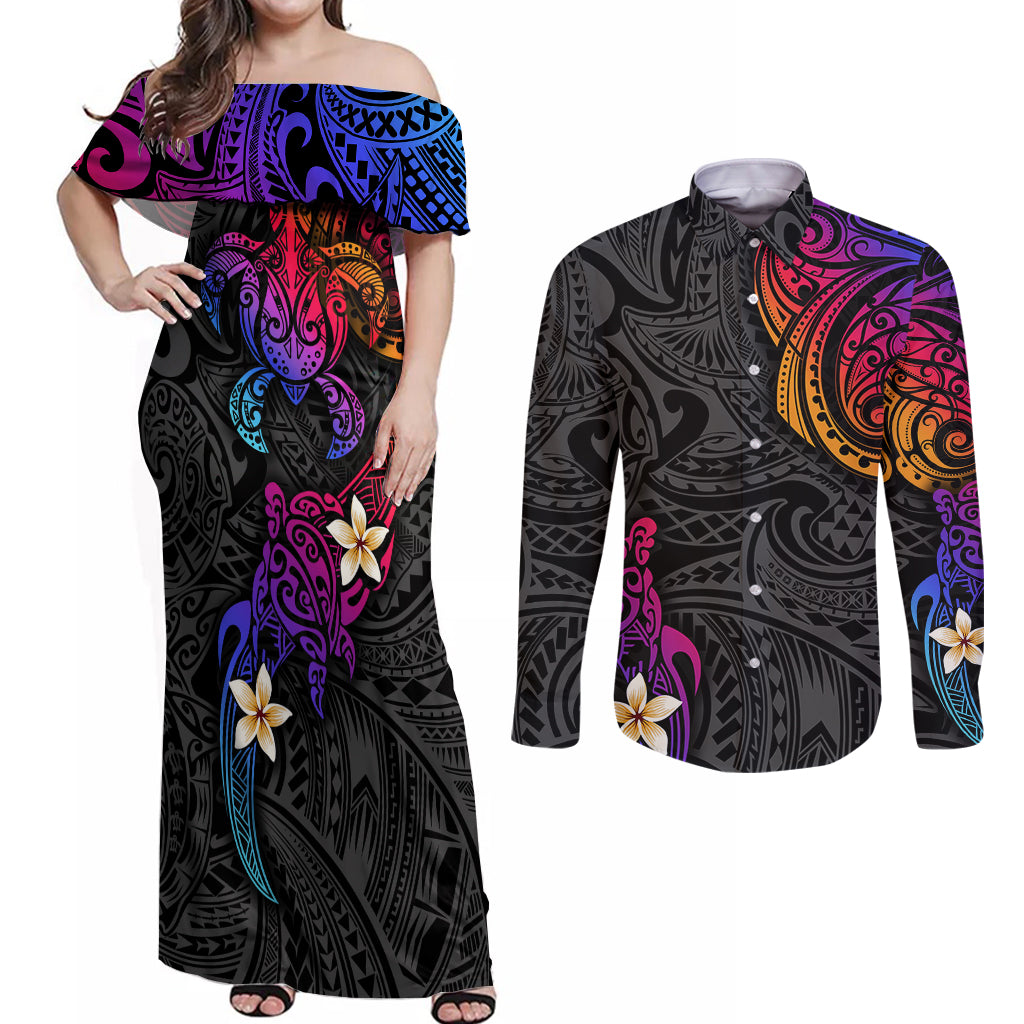 Turtle and Plumeria - Polynesian Couples Matching Off Shoulder Maxi Dress and Long Sleeve Button Shirts TS04 Gradient - Polynesian Pride