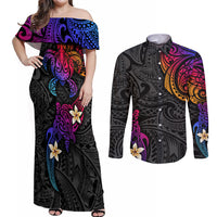 Turtle and Plumeria - Polynesian Couples Matching Off Shoulder Maxi Dress and Long Sleeve Button Shirts TS04 Gradient - Polynesian Pride