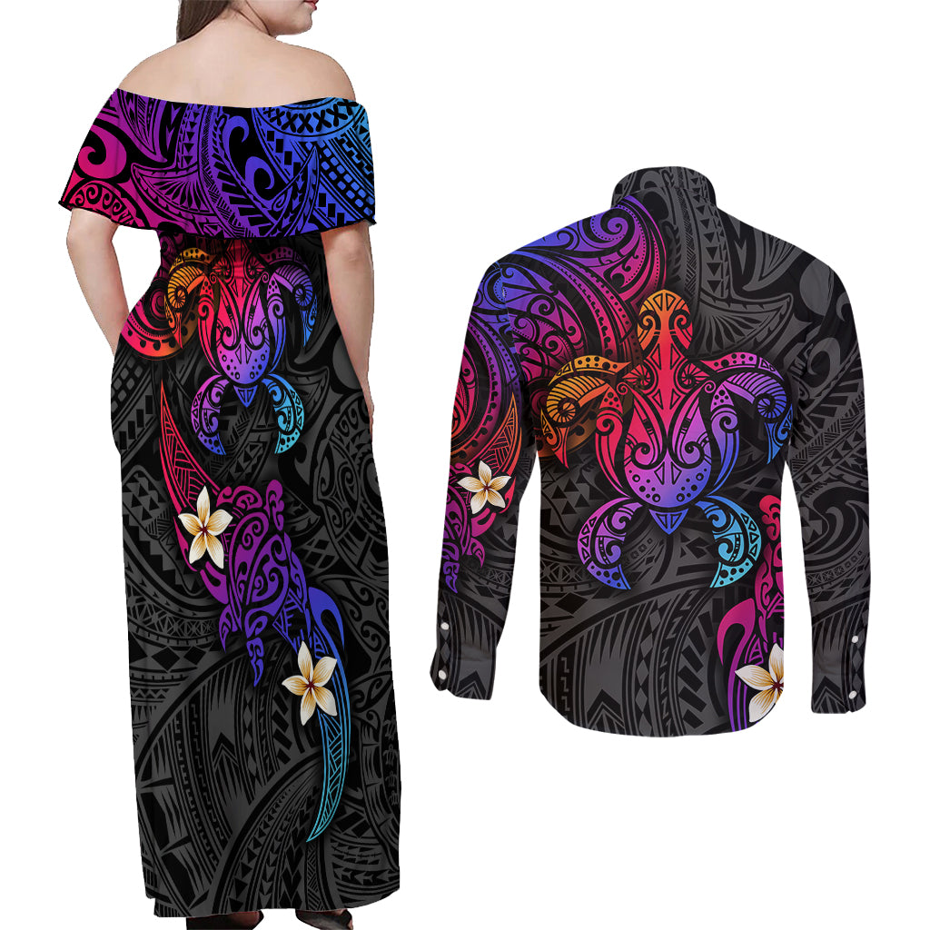 Turtle and Plumeria - Polynesian Couples Matching Off Shoulder Maxi Dress and Long Sleeve Button Shirts TS04 - Polynesian Pride