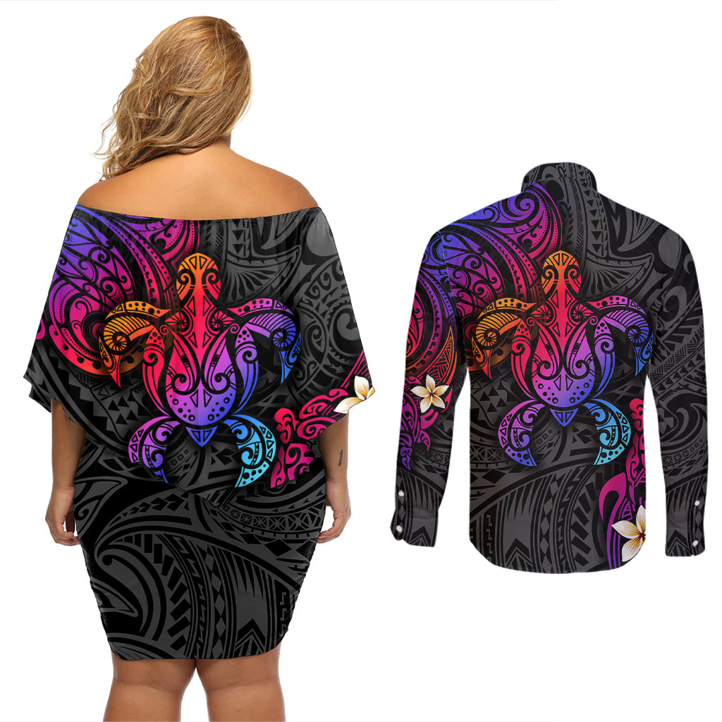 Turtle and Plumeria - Polynesian Couples Matching Off Shoulder Short Dress and Long Sleeve Button Shirts TS04 - Polynesian Pride