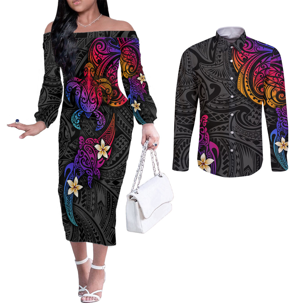 Turtle and Plumeria - Polynesian Couples Matching Off The Shoulder Long Sleeve Dress and Long Sleeve Button Shirts TS04 Gradient - Polynesian Pride