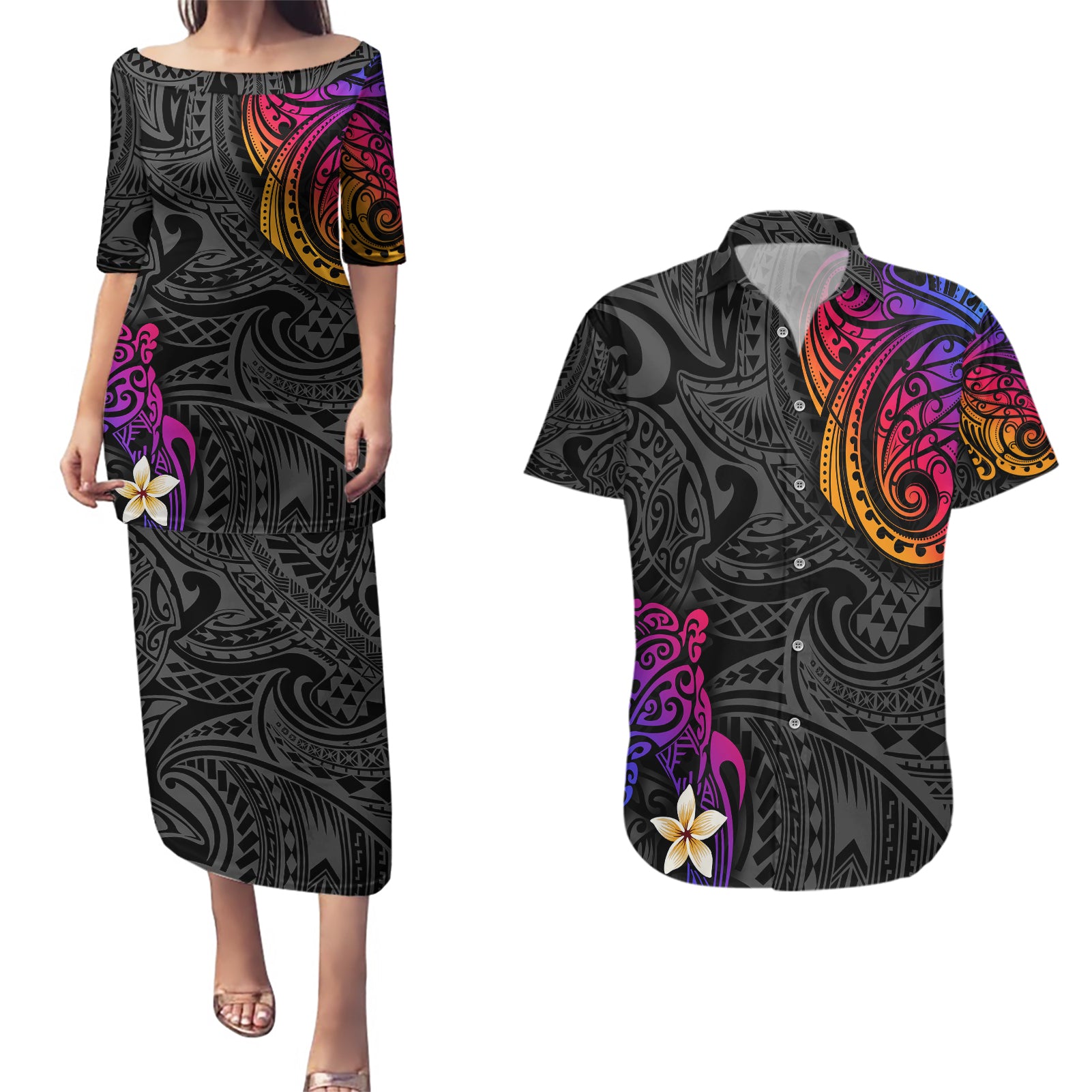 Turtle and Plumeria - Polynesian Couples Matching Puletasi Dress and Hawaiian Shirt TS04 Gradient - Polynesian Pride