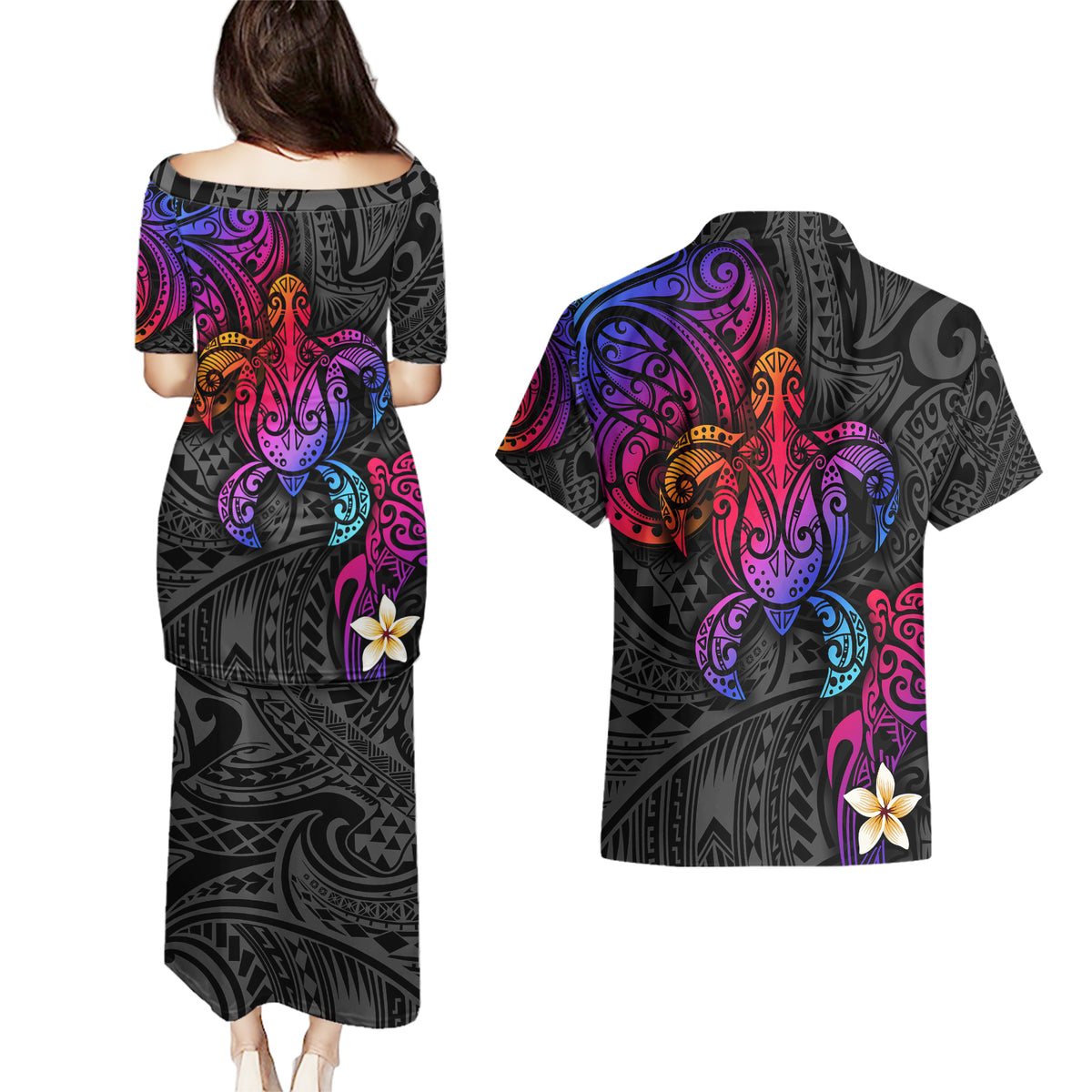 Turtle and Plumeria - Polynesian Couples Matching Puletasi Dress and Hawaiian Shirt TS04 - Polynesian Pride