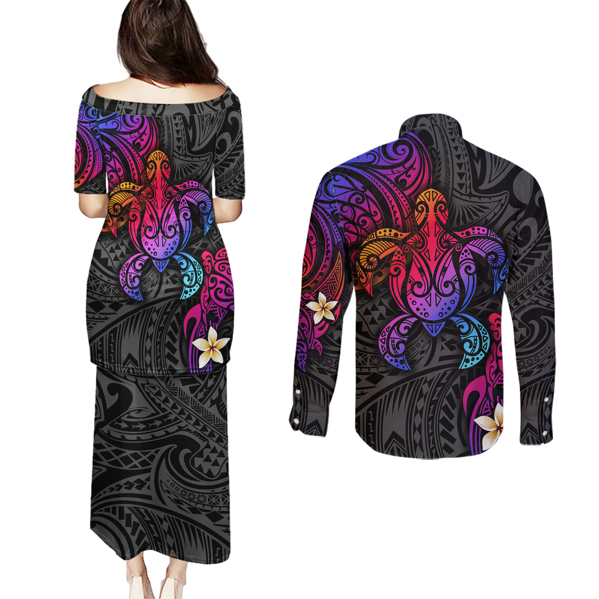 Turtle and Plumeria - Polynesian Couples Matching Puletasi Dress and Long Sleeve Button Shirts TS04 - Polynesian Pride