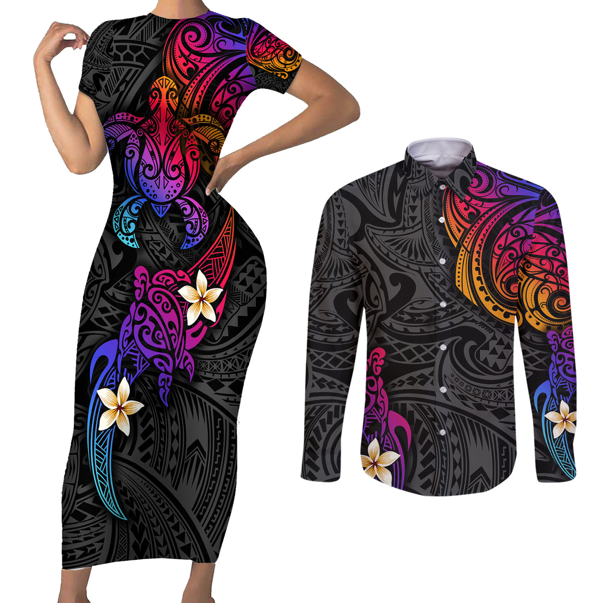 Turtle and Plumeria - Polynesian Couples Matching Short Sleeve Bodycon Dress and Long Sleeve Button Shirts TS04 Gradient - Polynesian Pride