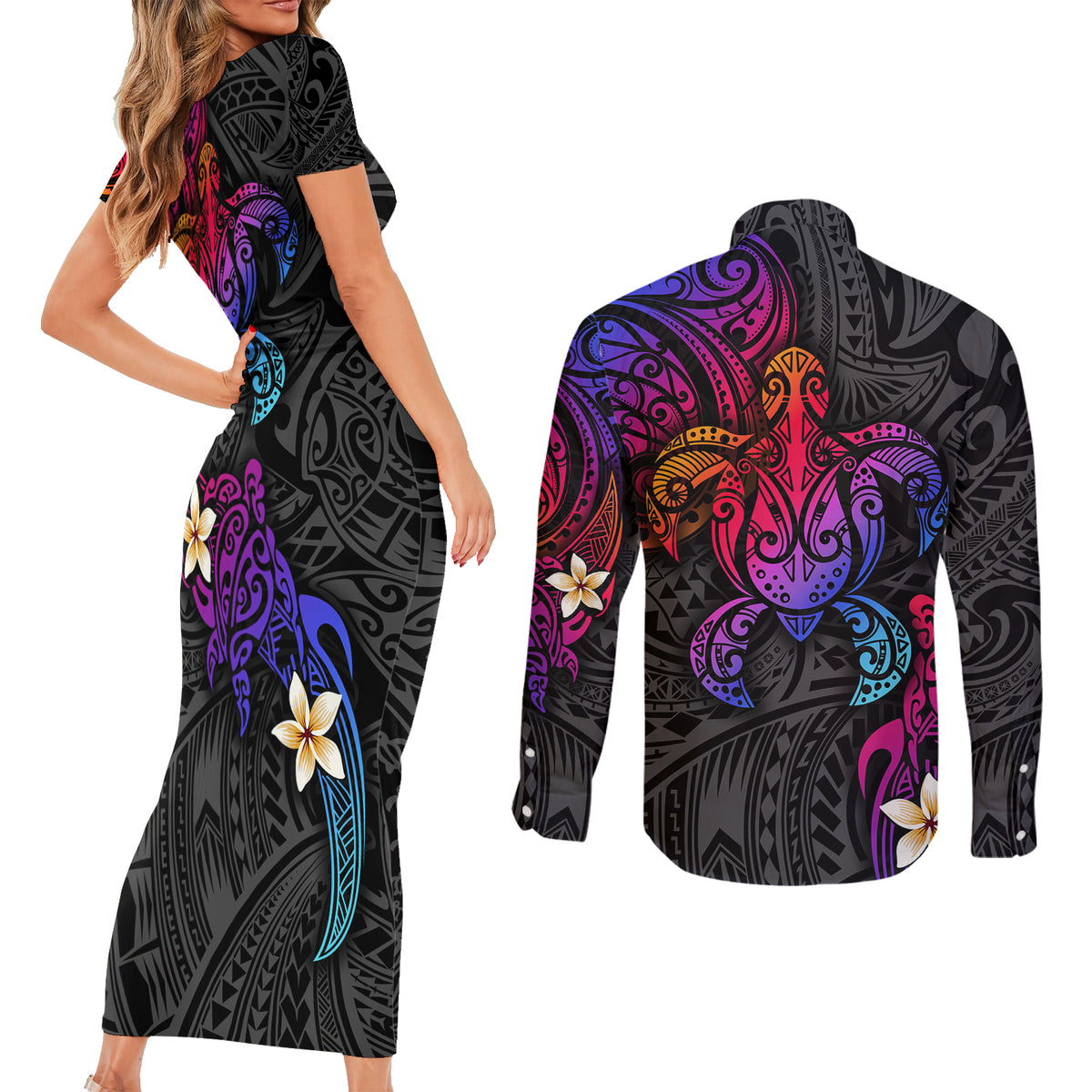 Turtle and Plumeria - Polynesian Couples Matching Short Sleeve Bodycon Dress and Long Sleeve Button Shirts TS04 - Polynesian Pride