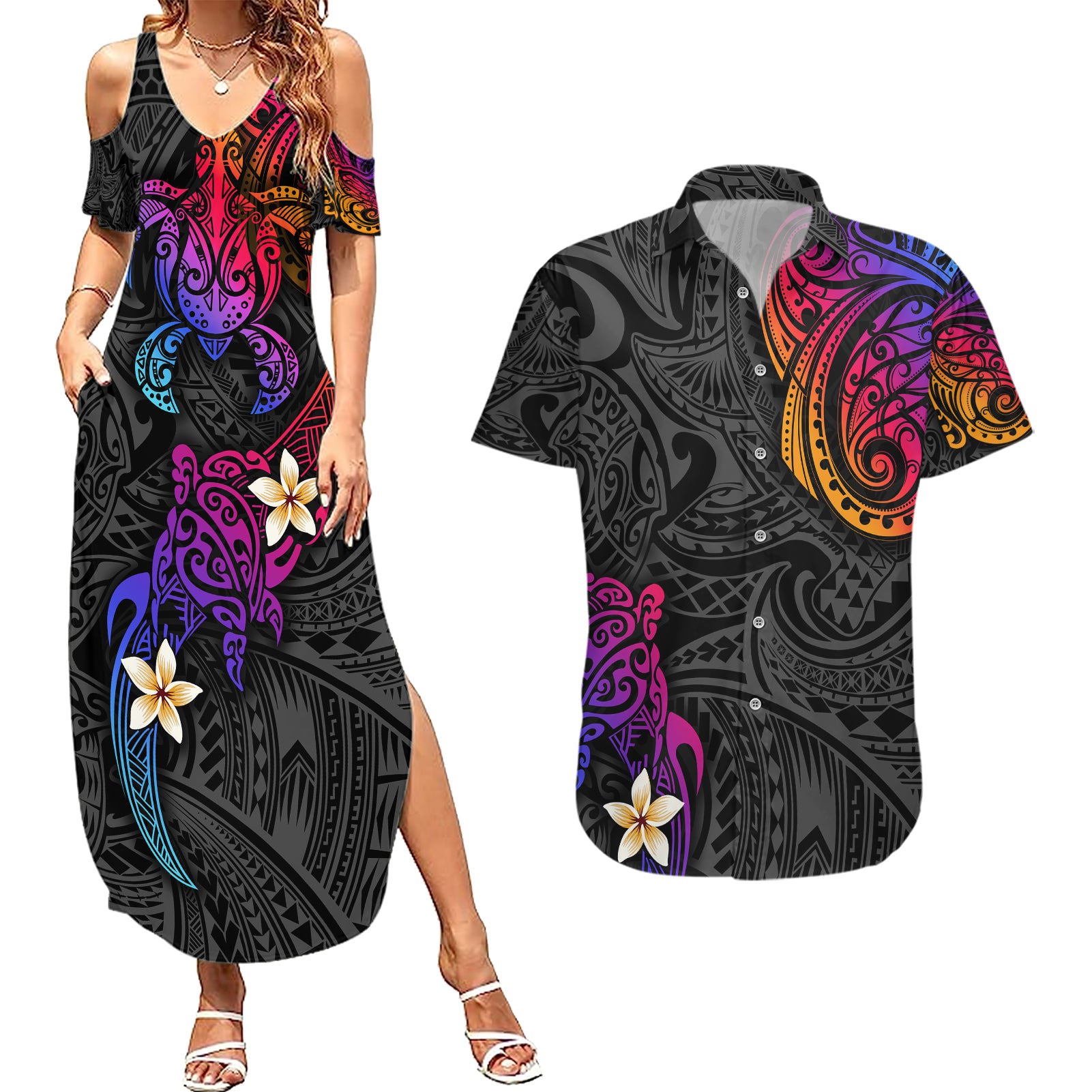 Turtle and Plumeria - Polynesian Couples Matching Summer Maxi Dress and Hawaiian Shirt TS04 Gradient - Polynesian Pride