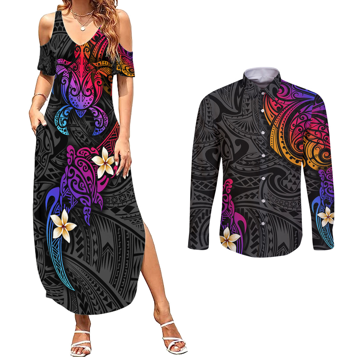 Turtle and Plumeria - Polynesian Couples Matching Summer Maxi Dress and Long Sleeve Button Shirts TS04 Gradient - Polynesian Pride