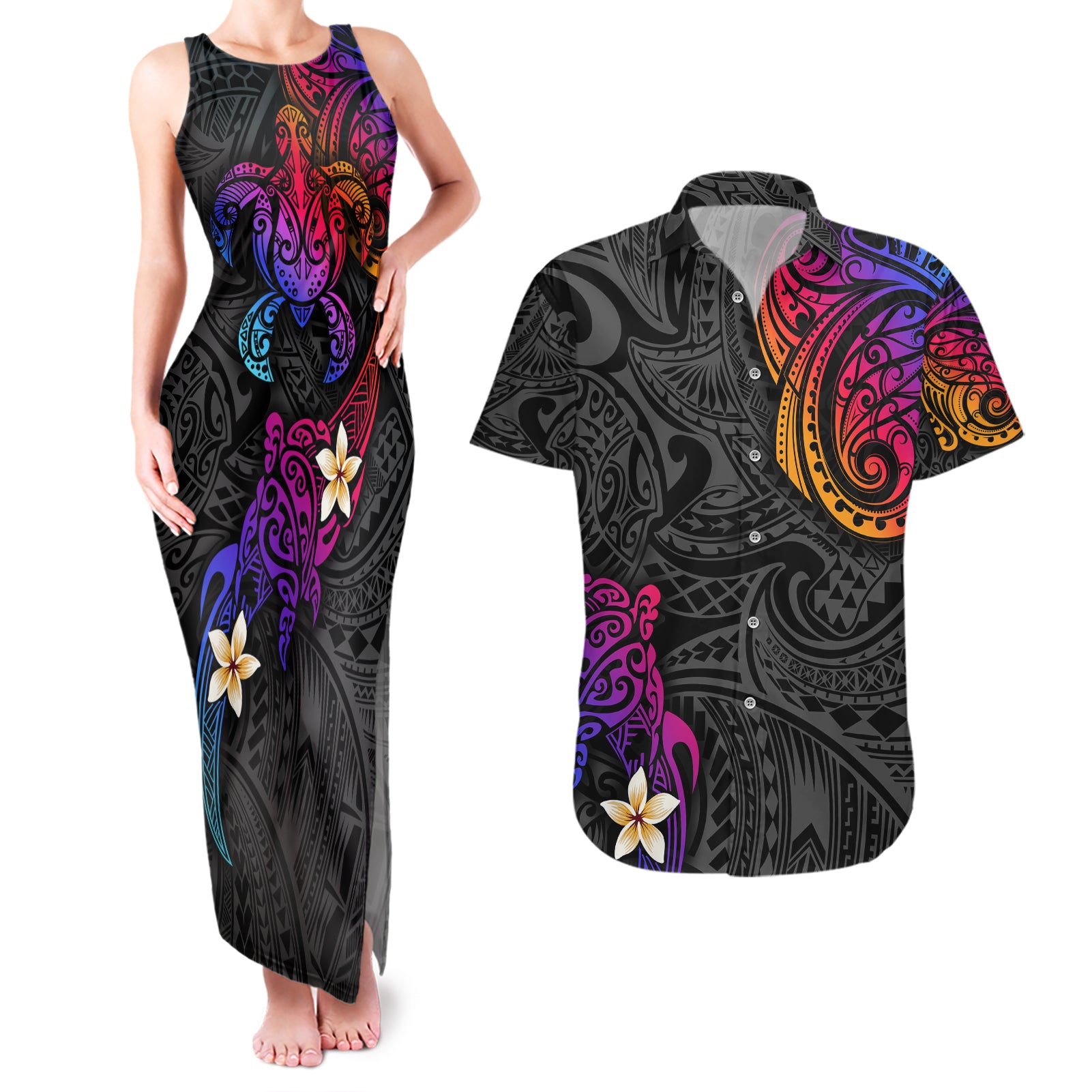 Turtle and Plumeria - Polynesian Couples Matching Tank Maxi Dress and Hawaiian Shirt TS04 Gradient - Polynesian Pride
