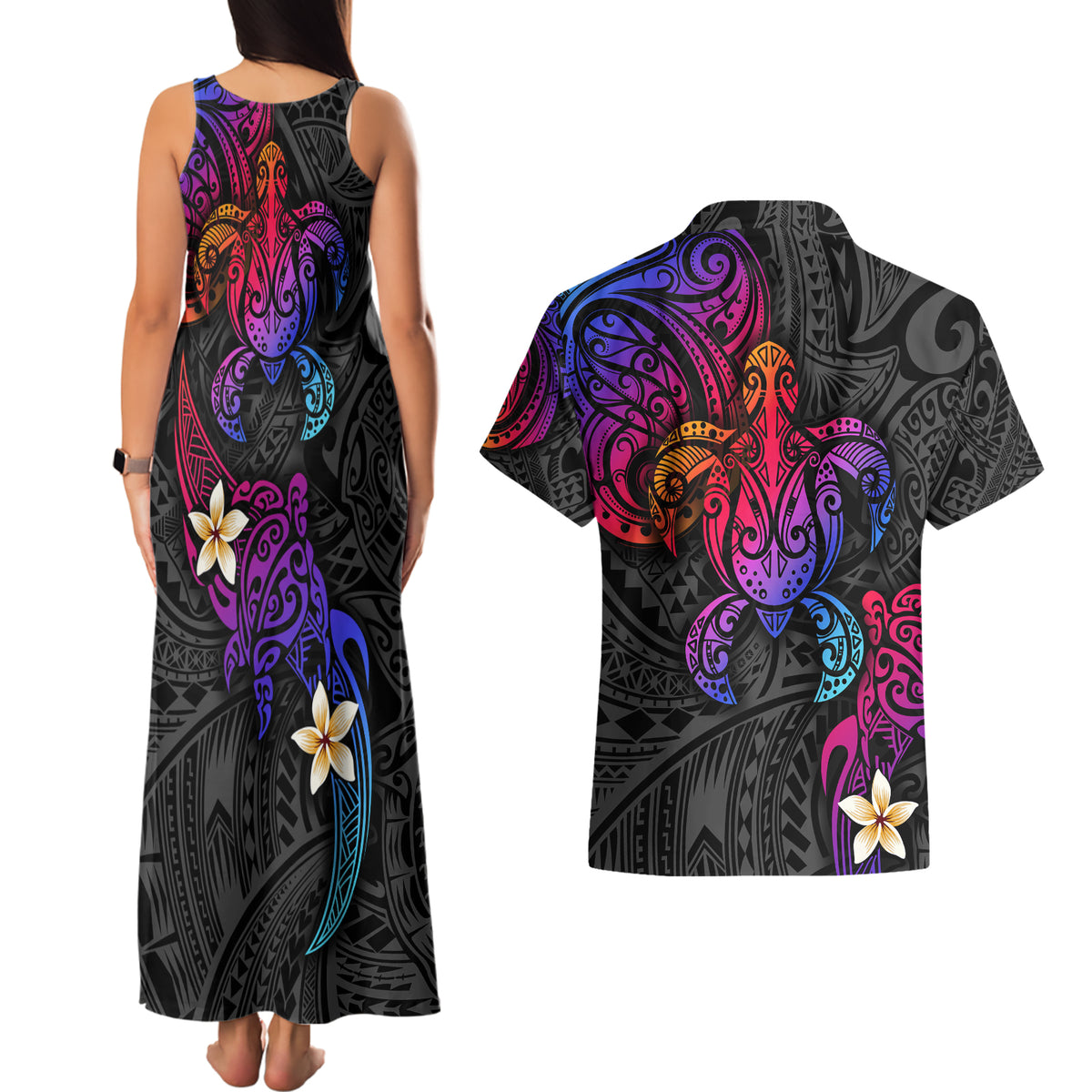 Turtle and Plumeria - Polynesian Couples Matching Tank Maxi Dress and Hawaiian Shirt TS04 - Polynesian Pride