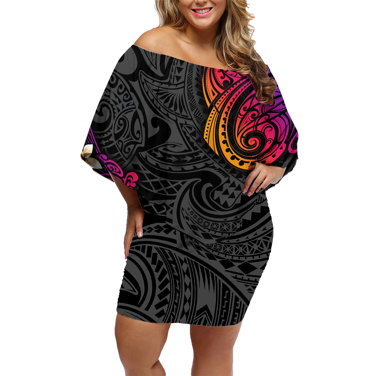 Turtle and Plumeria - Polynesian Family Matching Off Shoulder Short Dress and Hawaiian Shirt TS04 Mom's Dress Gradient - Polynesian Pride