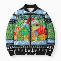 Micronesia Christmas Bomber Puffer Jacket with Santa Turtle Coral Reef and Holiday Ocean Pattern TS04 Unisex Black Green - Polynesian Pride