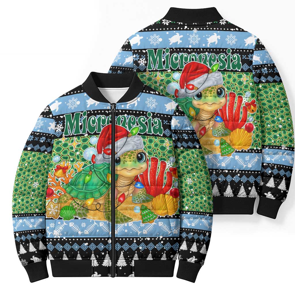 Micronesia Christmas Bomber Puffer Jacket with Santa Turtle Coral Reef and Holiday Ocean Pattern TS04 - Polynesian Pride