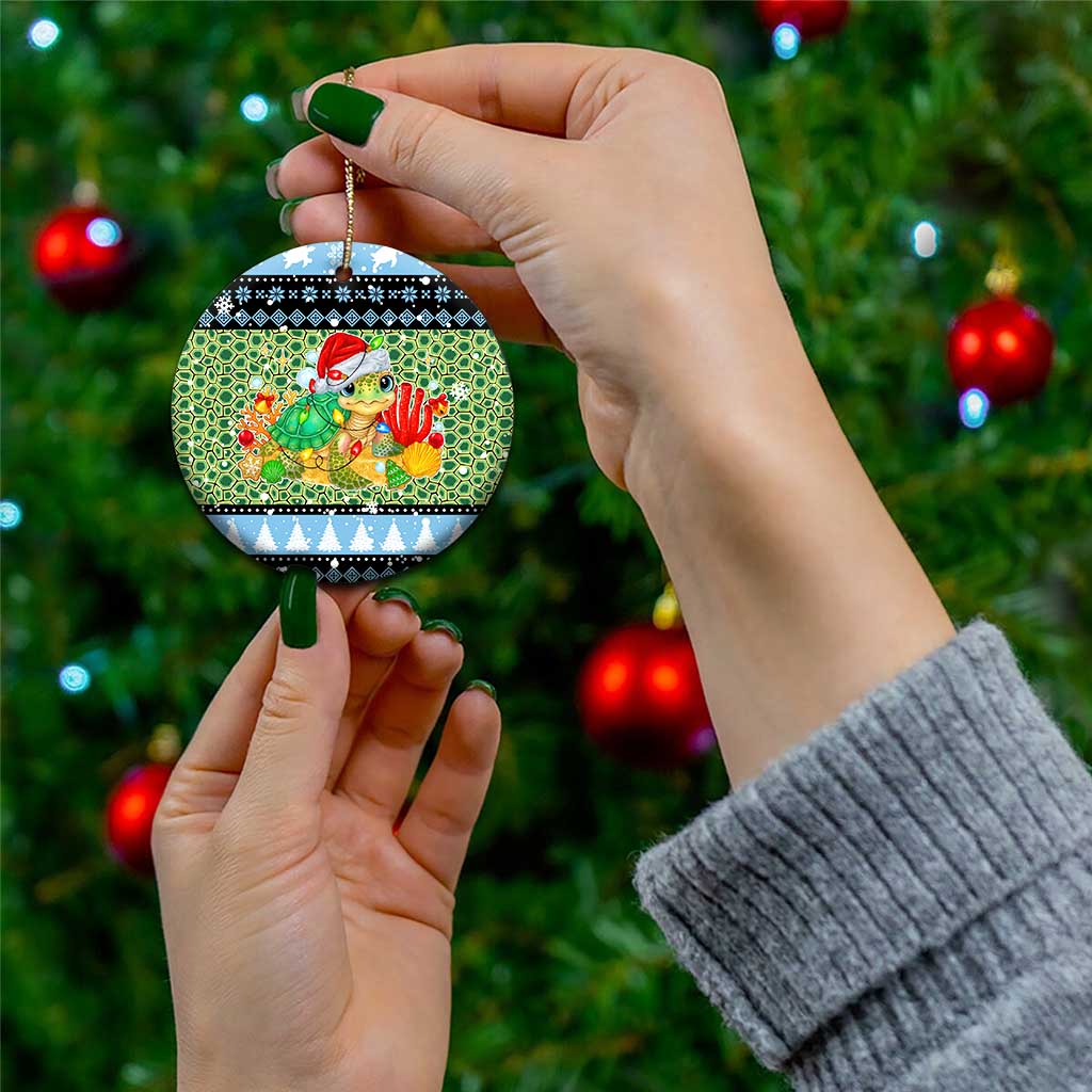 Micronesia Christmas Ceramic Ornament with Santa Turtle Coral Reef and Holiday Ocean Pattern - Polynesian Pride