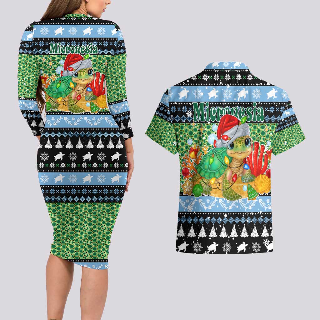 Micronesia Christmas Couples Matching Long Sleeve Bodycon Dress and Hawaiian Shirt with Santa Turtle Coral Reef and Holiday Ocean Pattern TS04 - Polynesian Pride