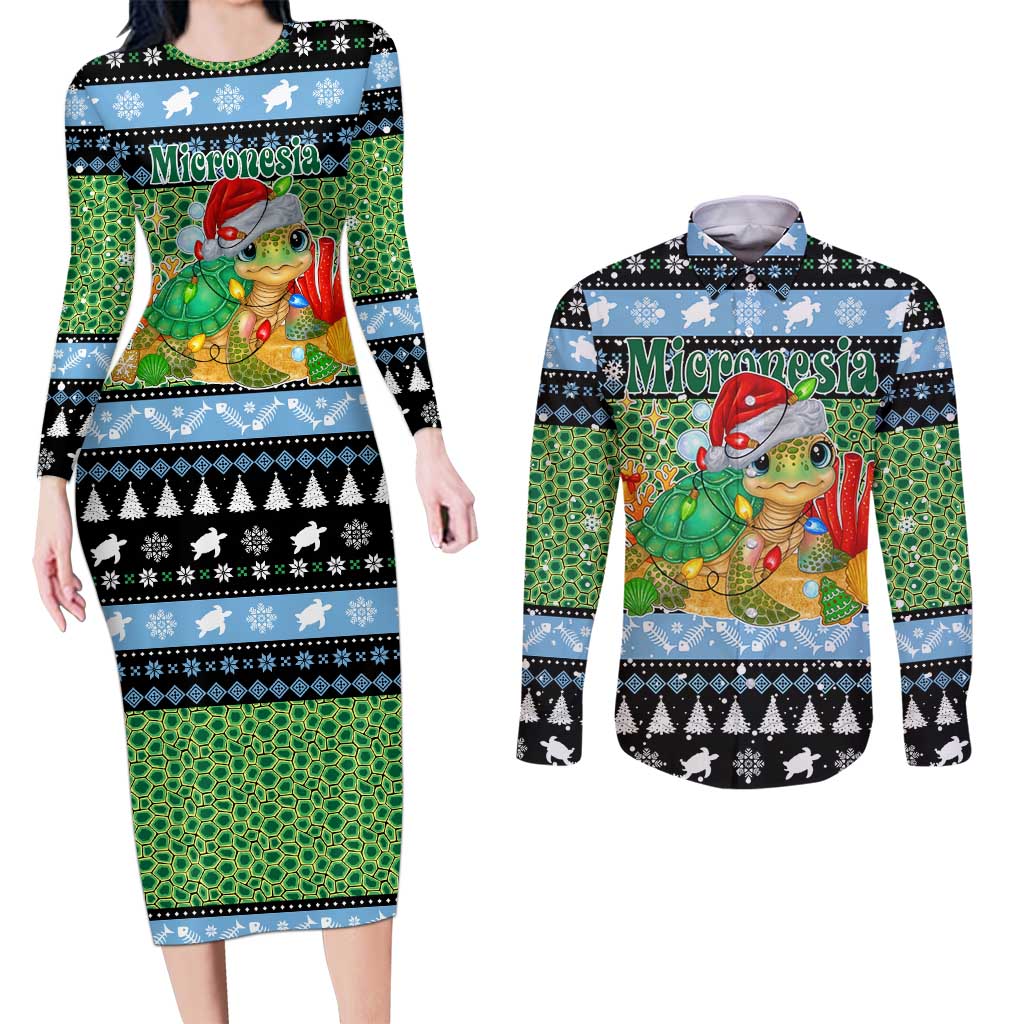 Micronesia Christmas Couples Matching Long Sleeve Bodycon Dress and Long Sleeve Button Shirt with Santa Turtle Coral Reef and Holiday Ocean Pattern TS04 Black Green - Polynesian Pride