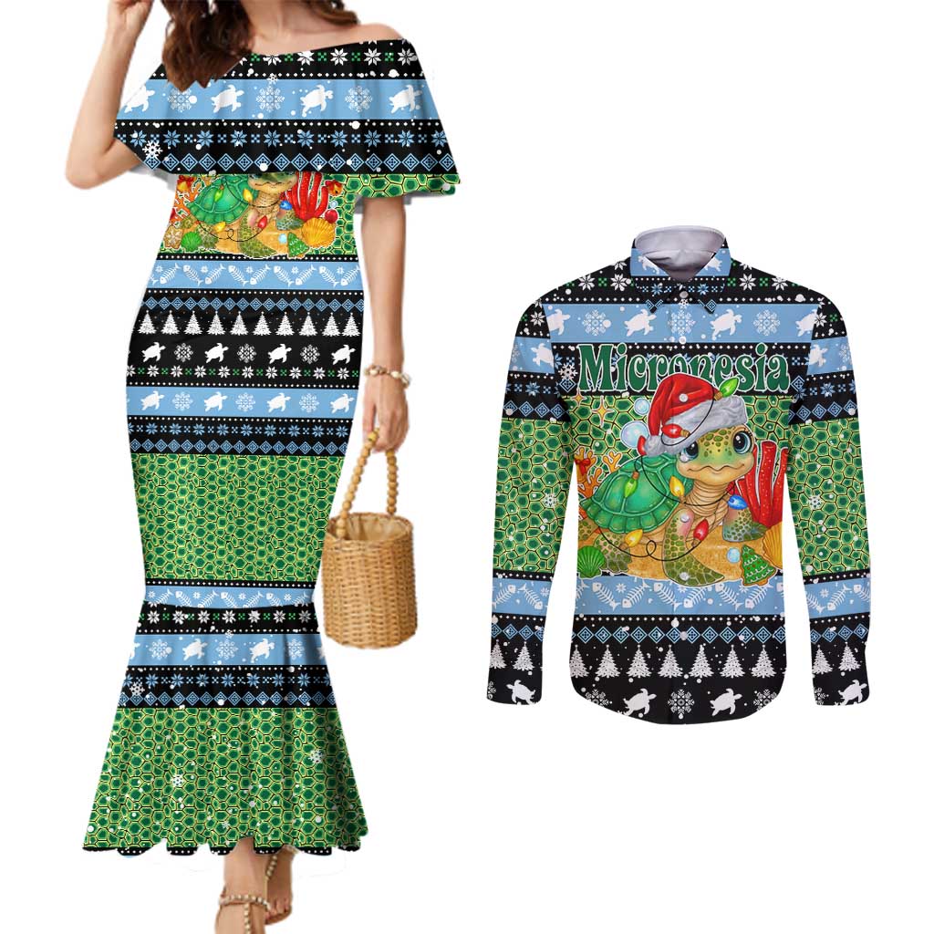 Micronesia Christmas Couples Matching Mermaid Dress and Long Sleeve Button Shirt with Santa Turtle Coral Reef and Holiday Ocean Pattern TS04 Black Green - Polynesian Pride