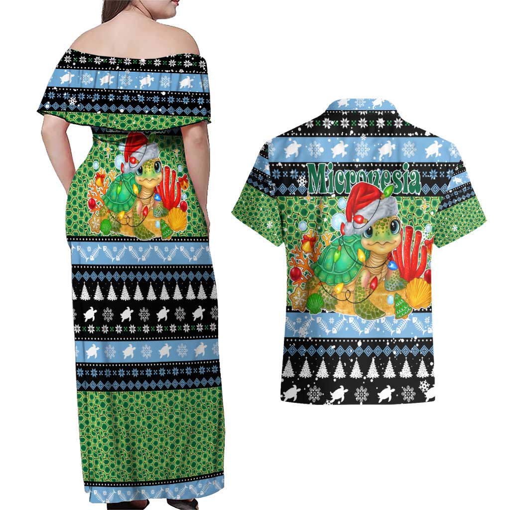 Micronesia Christmas Couples Matching Off Shoulder Maxi Dress and Hawaiian Shirt with Santa Turtle Coral Reef and Holiday Ocean Pattern TS04 - Polynesian Pride