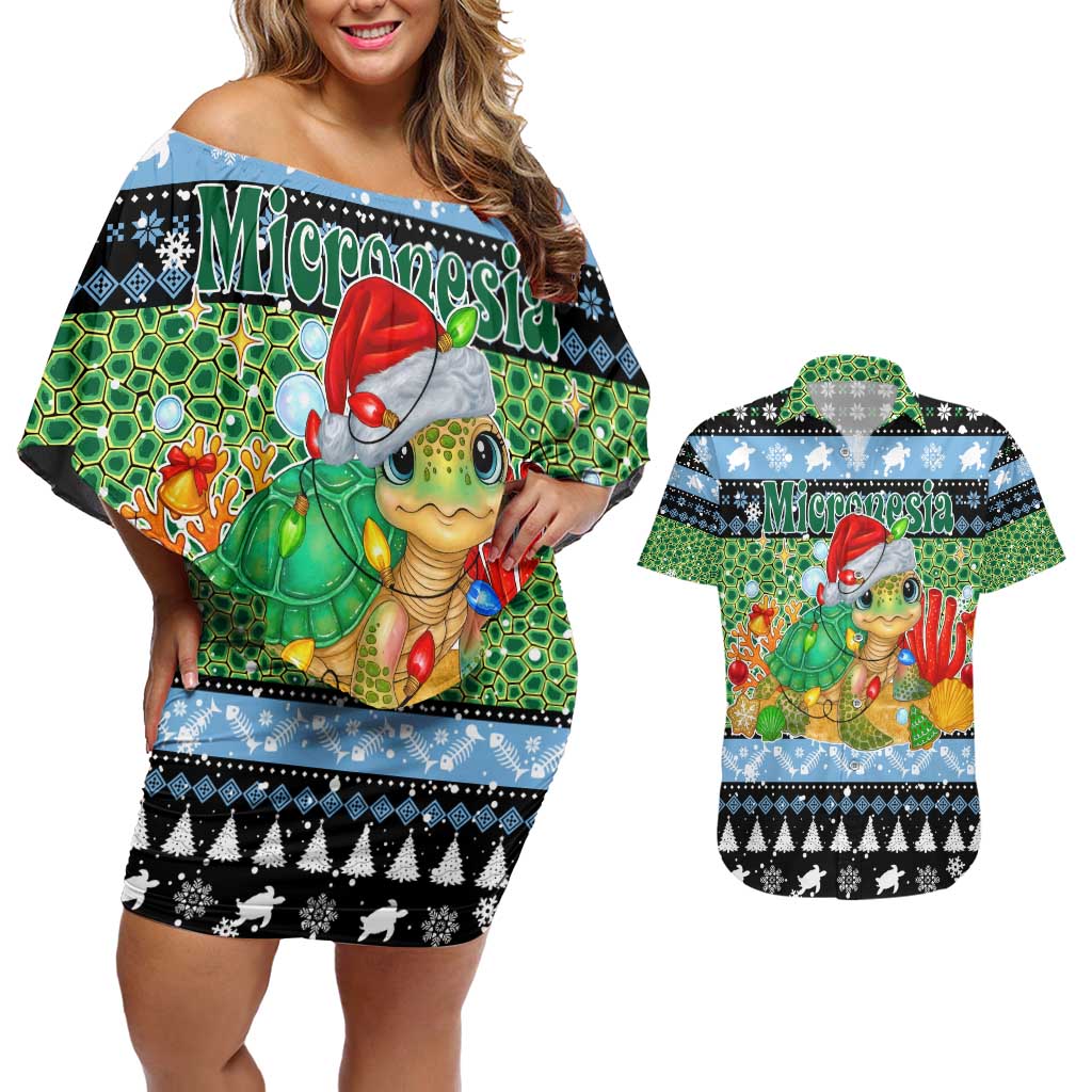 Micronesia Christmas Couples Matching Off Shoulder Short Dress and Hawaiian Shirt with Santa Turtle Coral Reef and Holiday Ocean Pattern TS04 Black Green - Polynesian Pride
