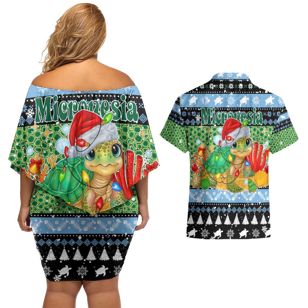 Micronesia Christmas Couples Matching Off Shoulder Short Dress and Hawaiian Shirt with Santa Turtle Coral Reef and Holiday Ocean Pattern TS04 - Polynesian Pride