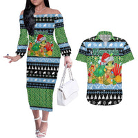 Micronesia Christmas Couples Matching Off The Shoulder Long Sleeve Dress and Hawaiian Shirt with Santa Turtle Coral Reef and Holiday Ocean Pattern TS04 Black Green - Polynesian Pride