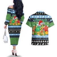 Micronesia Christmas Couples Matching Off The Shoulder Long Sleeve Dress and Hawaiian Shirt with Santa Turtle Coral Reef and Holiday Ocean Pattern TS04 - Polynesian Pride