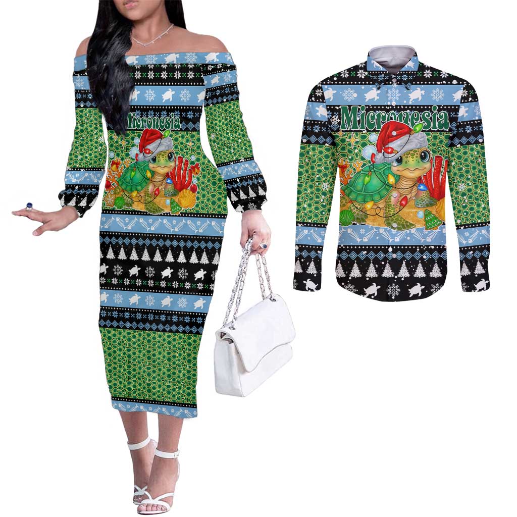Micronesia Christmas Couples Matching Off The Shoulder Long Sleeve Dress and Long Sleeve Button Shirt with Santa Turtle Coral Reef and Holiday Ocean Pattern TS04 Black Green - Polynesian Pride