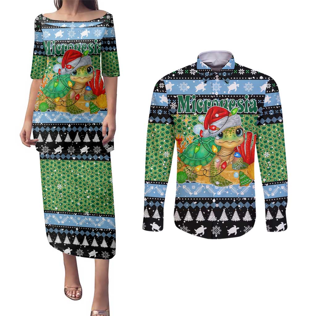 Micronesia Christmas Couples Matching Puletasi and Long Sleeve Button Shirt with Santa Turtle Coral Reef and Holiday Ocean Pattern TS04 Black Green - Polynesian Pride