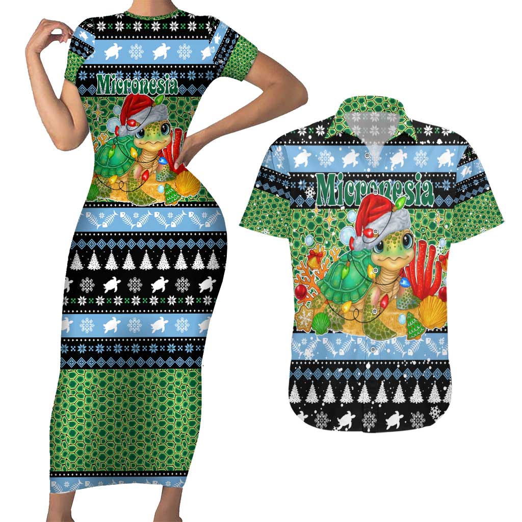 Micronesia Christmas Couples Matching Short Sleeve Bodycon Dress and Hawaiian Shirt with Santa Turtle Coral Reef and Holiday Ocean Pattern TS04 Black Green - Polynesian Pride