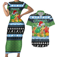 Micronesia Christmas Couples Matching Short Sleeve Bodycon Dress and Hawaiian Shirt with Santa Turtle Coral Reef and Holiday Ocean Pattern TS04 Black Green - Polynesian Pride