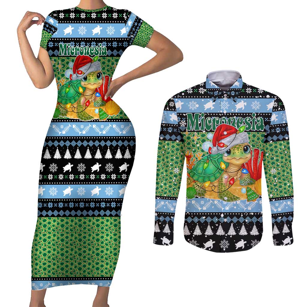 Micronesia Christmas Couples Matching Short Sleeve Bodycon Dress and Long Sleeve Button Shirt with Santa Turtle Coral Reef and Holiday Ocean Pattern TS04 Black Green - Polynesian Pride