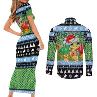 Micronesia Christmas Couples Matching Short Sleeve Bodycon Dress and Long Sleeve Button Shirt with Santa Turtle Coral Reef and Holiday Ocean Pattern TS04 - Polynesian Pride