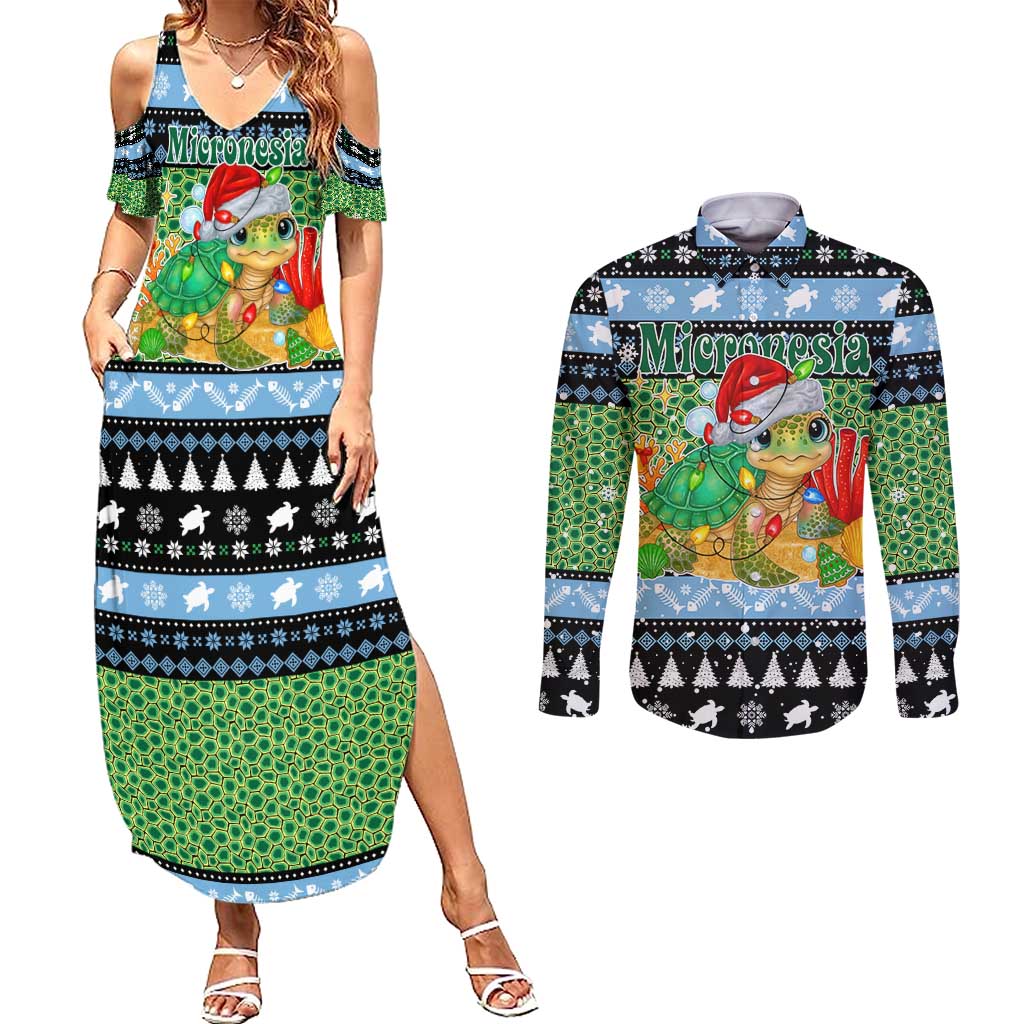 Micronesia Christmas Couples Matching Summer Maxi Dress and Long Sleeve Button Shirt with Santa Turtle Coral Reef and Holiday Ocean Pattern TS04 Black Green - Polynesian Pride