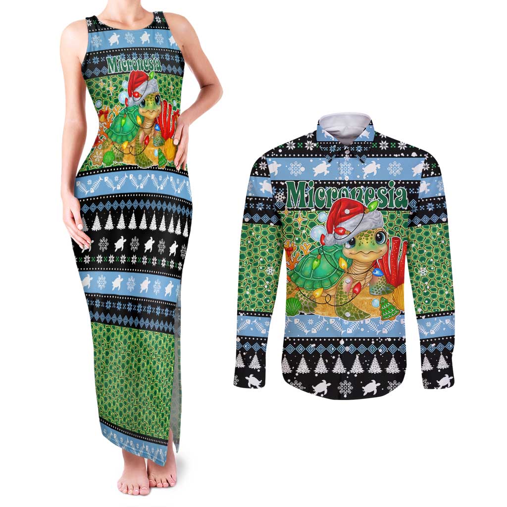 Micronesia Christmas Couples Matching Tank Maxi Dress and Long Sleeve Button Shirt with Santa Turtle Coral Reef and Holiday Ocean Pattern TS04 Black Green - Polynesian Pride