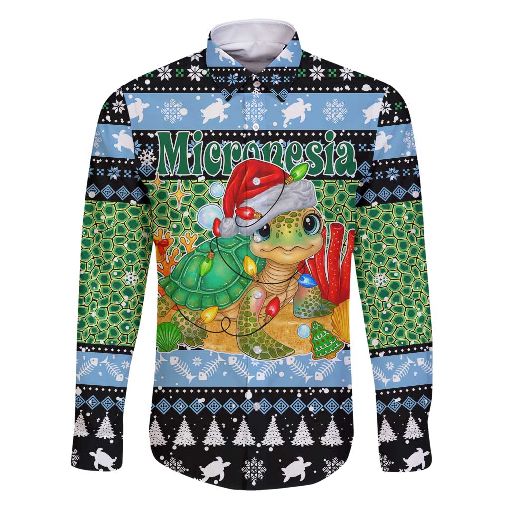 Micronesia Christmas Family Matching Long Sleeve Bodycon Dress and Hawaiian Shirt with Santa Turtle Coral Reef and Holiday Ocean Pattern TS04 Dad's Shirt - Long Sleeve Black Green - Polynesian Pride