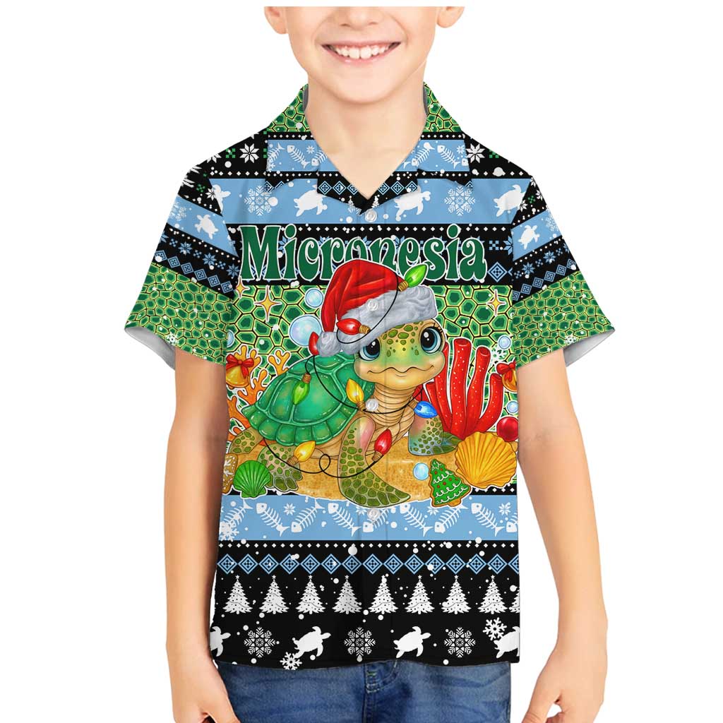 Micronesia Christmas Family Matching Mermaid Dress and Hawaiian Shirt with Santa Turtle Coral Reef and Holiday Ocean Pattern TS04 Son's Shirt Black Green - Polynesian Pride