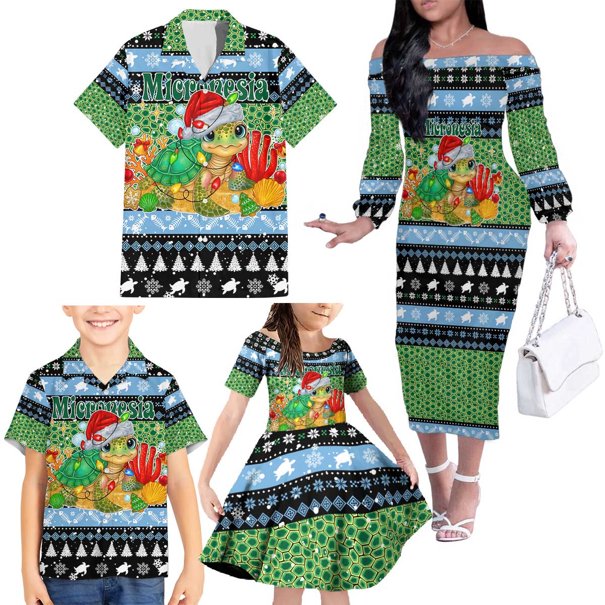 Micronesia Christmas Family Matching Off The Shoulder Long Sleeve Dress and Hawaiian Shirt with Santa Turtle Coral Reef and Holiday Ocean Pattern TS04 - Polynesian Pride
