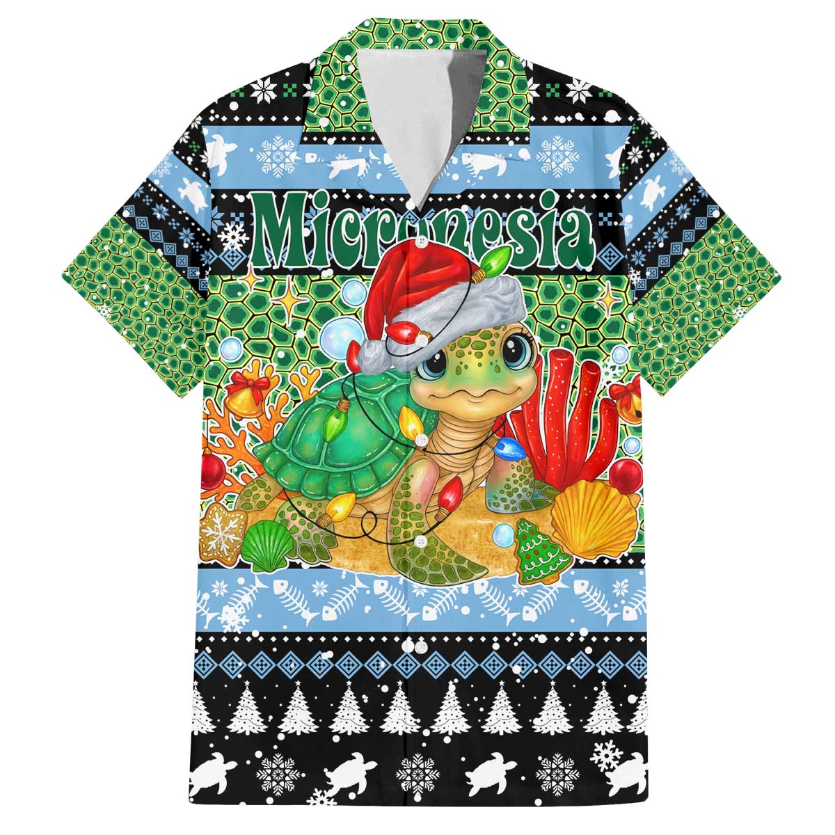 Micronesia Christmas Family Matching Off The Shoulder Long Sleeve Dress and Hawaiian Shirt with Santa Turtle Coral Reef and Holiday Ocean Pattern TS04 Dad's Shirt - Short Sleeve Black Green - Polynesian Pride