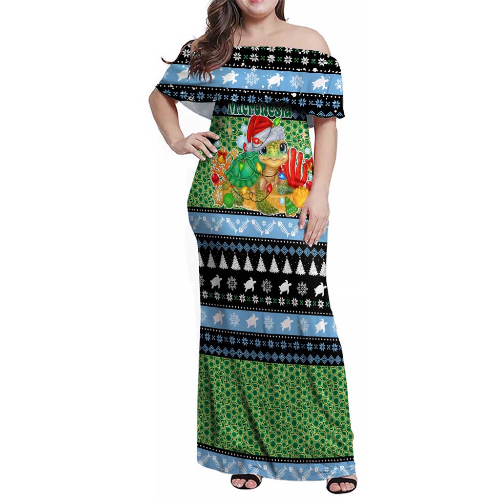 Micronesia Christmas Family Matching Off Shoulder Maxi Dress and Hawaiian Shirt with Santa Turtle Coral Reef and Holiday Ocean Pattern TS04 Mom's Dress Black Green - Polynesian Pride