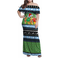 Micronesia Christmas Family Matching Off Shoulder Maxi Dress and Hawaiian Shirt with Santa Turtle Coral Reef and Holiday Ocean Pattern TS04 Mom's Dress Black Green - Polynesian Pride