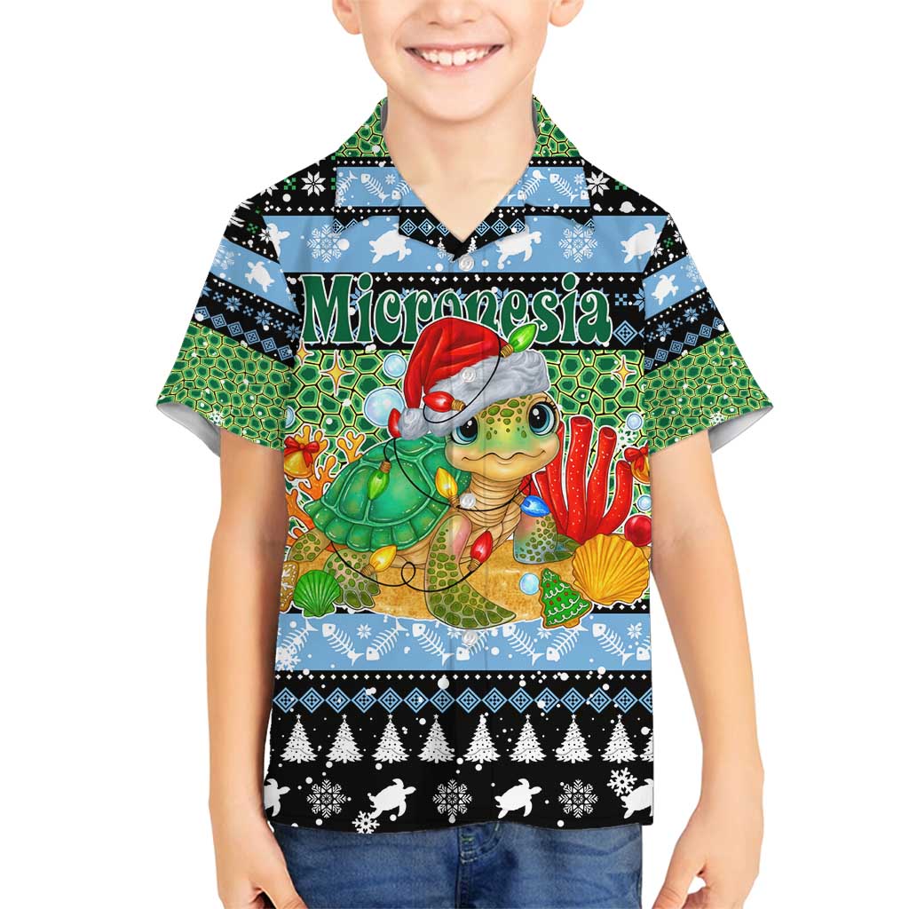Micronesia Christmas Family Matching Off Shoulder Maxi Dress and Hawaiian Shirt with Santa Turtle Coral Reef and Holiday Ocean Pattern TS04 Son's Shirt Black Green - Polynesian Pride
