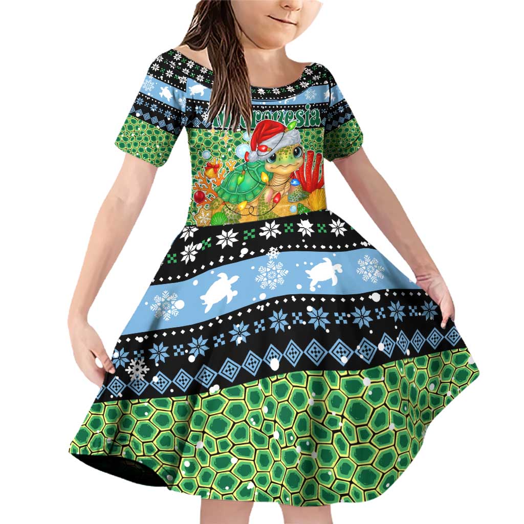Micronesia Christmas Family Matching Off Shoulder Short Dress and Hawaiian Shirt with Santa Turtle Coral Reef and Holiday Ocean Pattern TS04 Daughter's Dress Black Green - Polynesian Pride