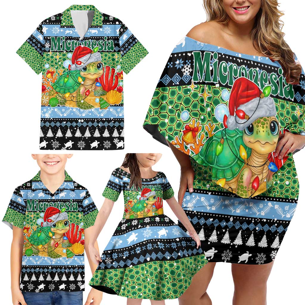 Micronesia Christmas Family Matching Off Shoulder Short Dress and Hawaiian Shirt with Santa Turtle Coral Reef and Holiday Ocean Pattern TS04 - Polynesian Pride