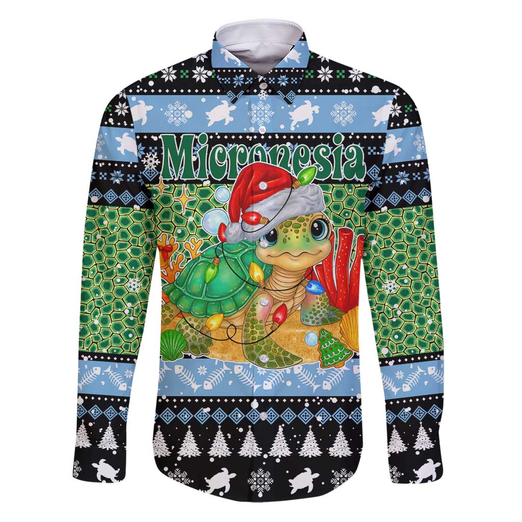 Micronesia Christmas Family Matching Puletasi and Hawaiian Shirt with Santa Turtle Coral Reef and Holiday Ocean Pattern TS04 Dad's Shirt - Long Sleeve Black Green - Polynesian Pride